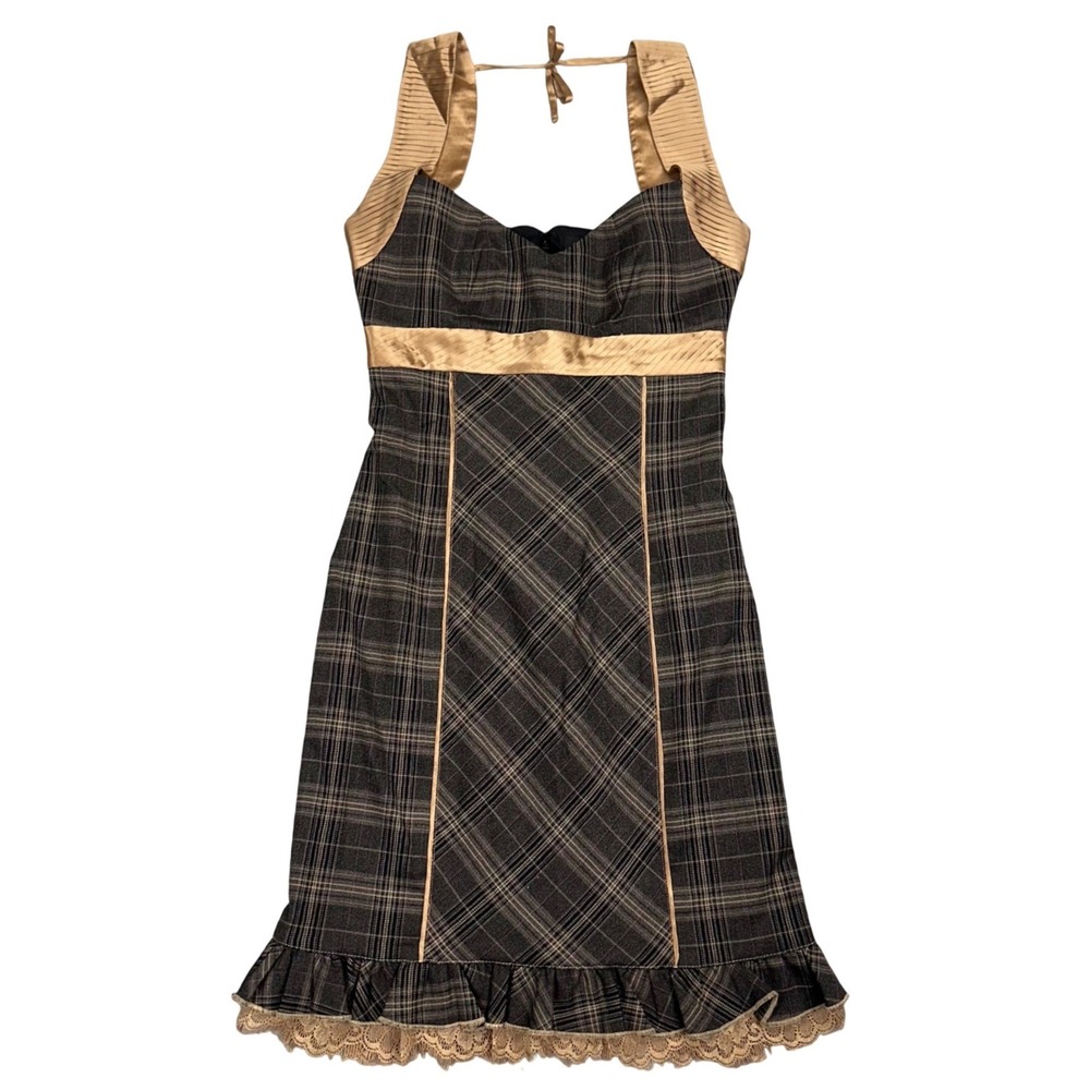 Y2K Bebe Plaid Halter Mini Dress Brown Tan Satin Trim Lace Ruffle  Size 0